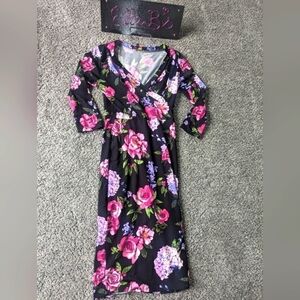 EUC B Famous 3/4 Sleeve Floral Midi Dress S ** NO BELT INCLUDED